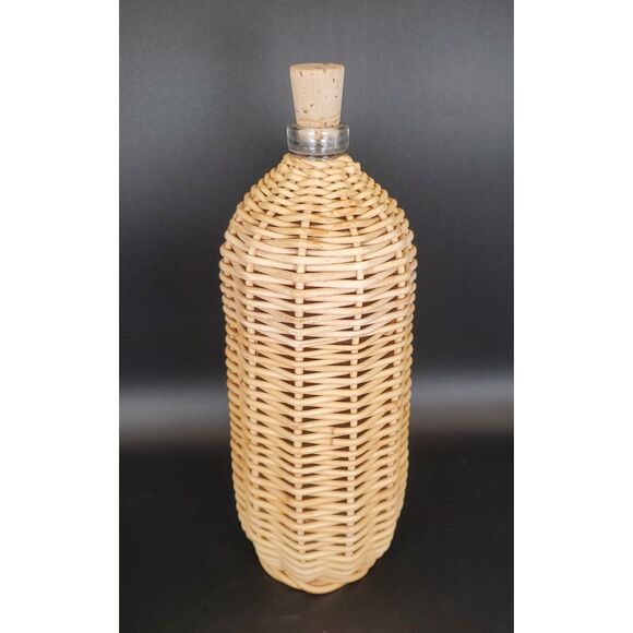 Crate & Barrel Wicker Wrapped Glass Bottle 12" Rattan Decor w/ Cork - Picture 2 of 6